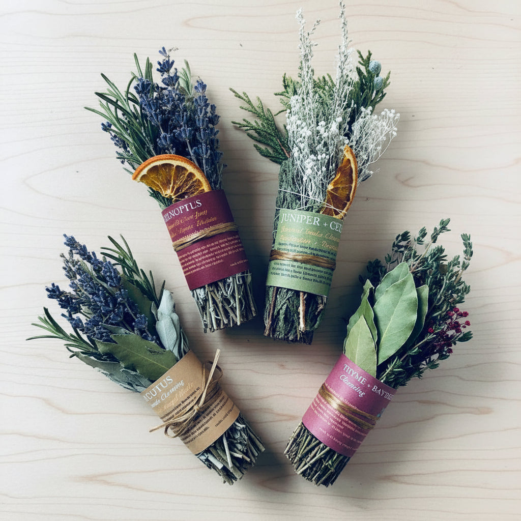Handmade rosemary smoke cleansing bundle with dried herbs