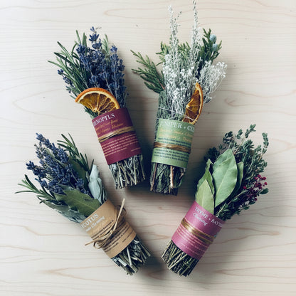 Handmade rosemary smoke cleansing bundle with dried herbs