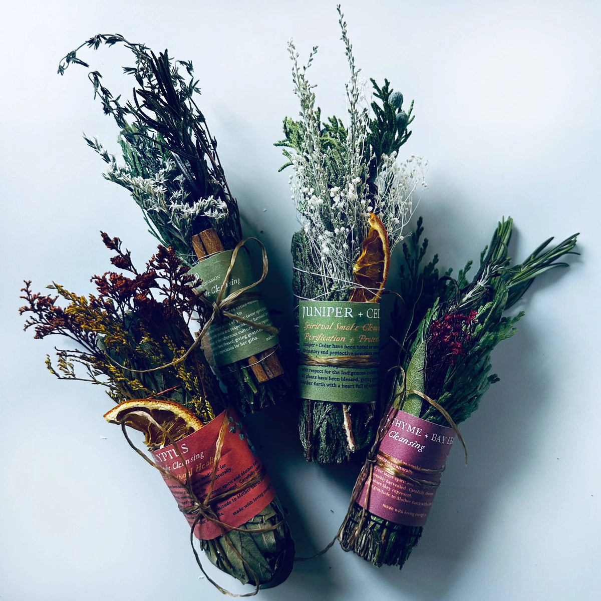 Handmade rosemary smoke cleansing bundle with dried herbs