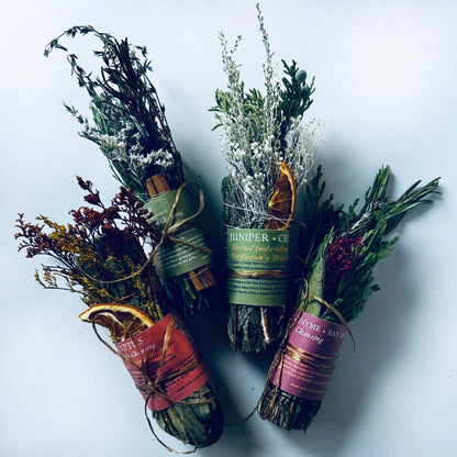 Handmade rosemary smoke cleansing bundle with dried herbs
