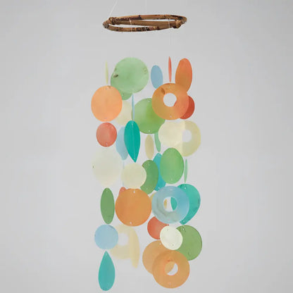Colorful translucent round capiz chime with bamboo top and orange blue green hanging pieces