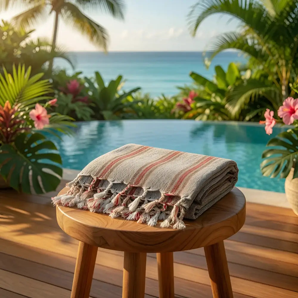 Beige and coral striped turkish towel with fringed edges made from handcrafted turkish cotton on wooden stool