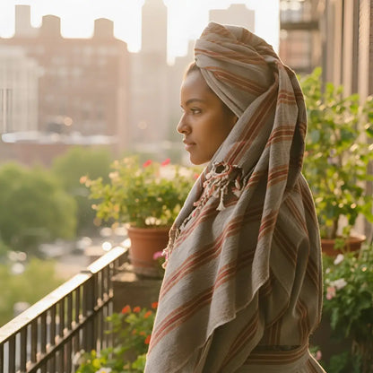 A beige and rust-red striped turkish towel wrapped around a woman’s head made from handcrafted turkish cotton
