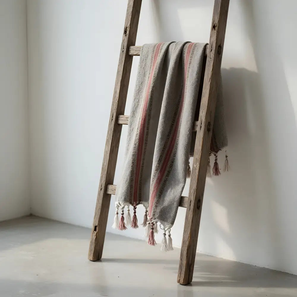 A soft gray woven rust and brown striped turkish towel with pink white stripes and tassels made from handcrafted turkish cotton