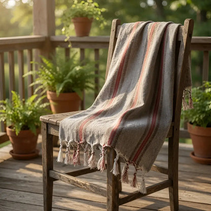 Rust and brown striped turkish towel with muted gray and dusty rose stripes handcrafted turkish cotton throw
