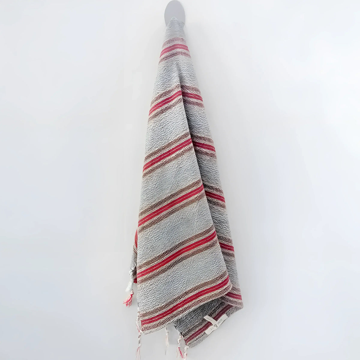 Gray and red striped Turkish towel with tassels, handcrafted Turkish cotton, ethically sourced