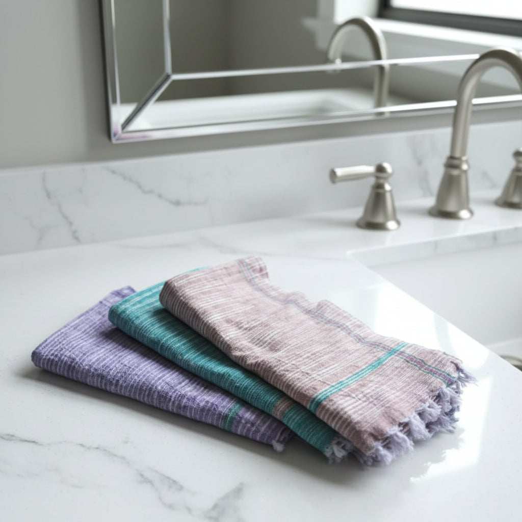 Three organic cotton rustic kitchen bath towels in purple, teal, beige stripes