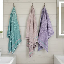Three organic cotton rustic kitchen bath towels in teal, rose, lavender stripes