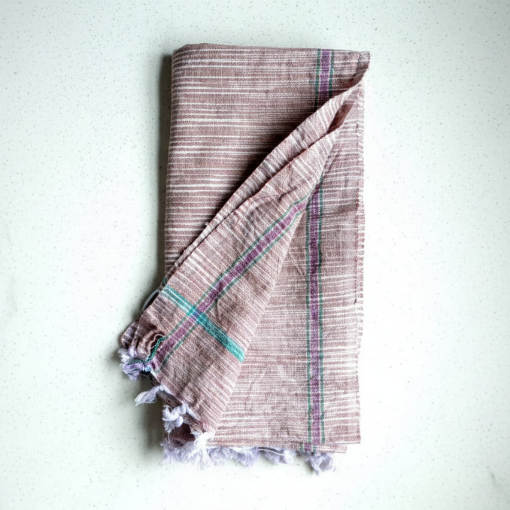 Rustic kitchen bath organic cotton towel in dusty rose with purple teal stripes