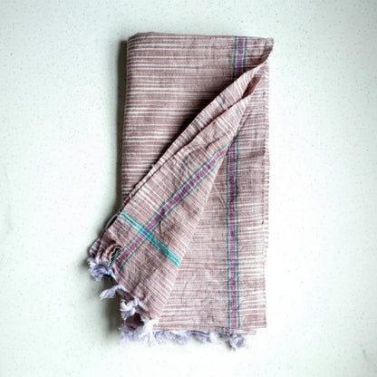 Rustic kitchen bath organic cotton towel in dusty rose with purple teal stripes