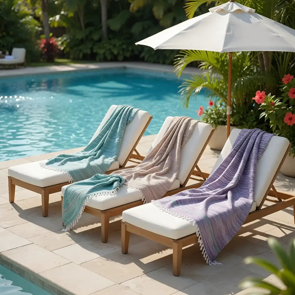 Three wooden lounge chairs with rustic textured teal mauve and lavender handloomed organic cotton towels
