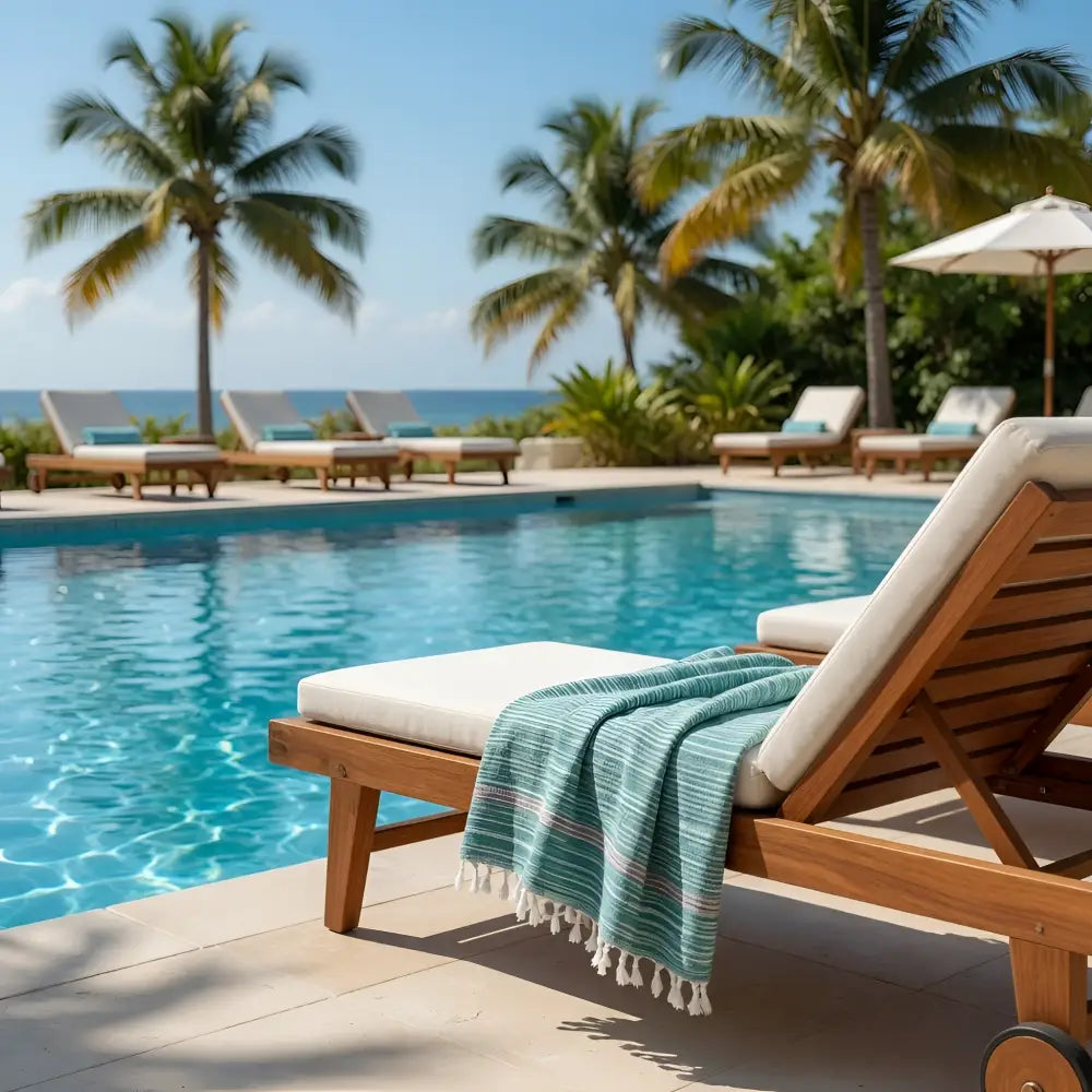 Teal and white striped rustic texture handloomed organic cotton towel draped over wooden lounge chair