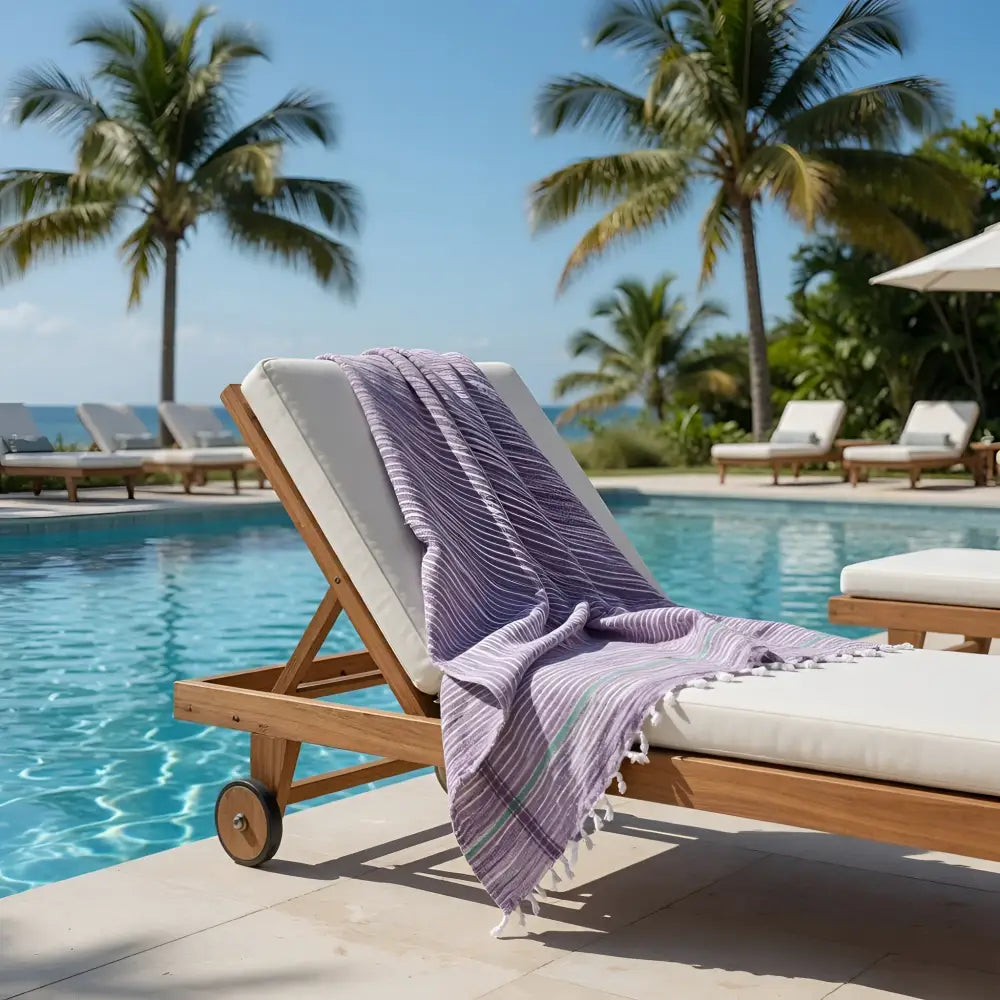 A soft lavender handloomed organic cotton towel with rustic texture and white tassels draped on a wooden lounge chair by the pool