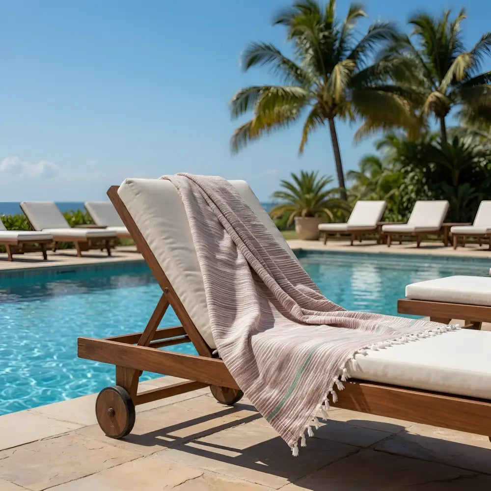 Beige striped handloomed organic cotton towel with rustic texture draped on wooden lounge chair by pool