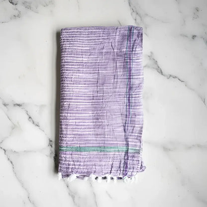 Rustic organic cotton handloomed towel in lavender stripes with green accent