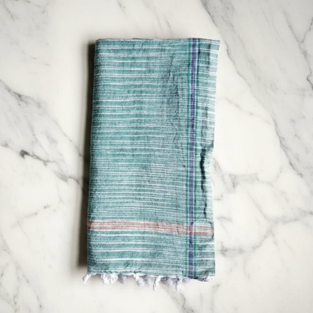 Rustic organic cotton handloomed towel in teal white stripes