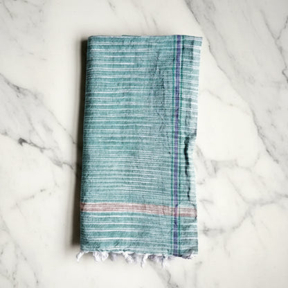 Rustic organic cotton handloomed towel in teal white stripes