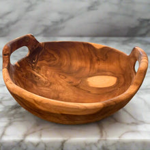 Rustic teak bowl with handles, 10-inch diameter, perfect for serving or decor