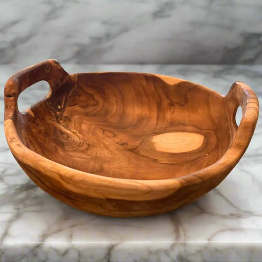 Rustic Teak Bowl with Handles 10’’ Diameter on a marble counter