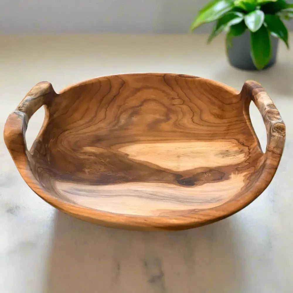 Rustic Teak Bowl with Handles 12’’ Diameter on a counter with a plant