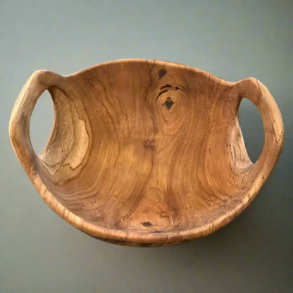 Rustic Teak Bowl with Handles 12’’ Diameter with gray background