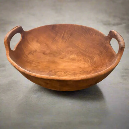 Rustic Teak Bowl with Handles 12’’ Diameter on a stone counter