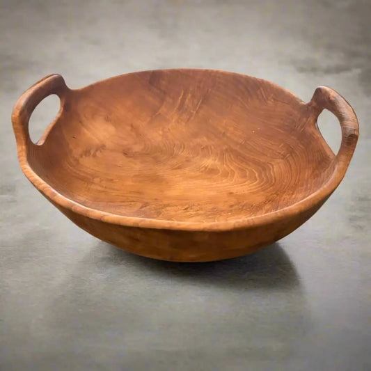 Rustic Teak Bowl with Handles 12’’ Diameter on a stone counter
