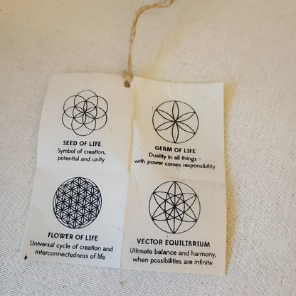 White paper tag with sacred designs symbols on unique embossed patterns appetizer plates