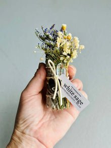 Good Vibes Bundle: dried white sage with purple flowers for rituals