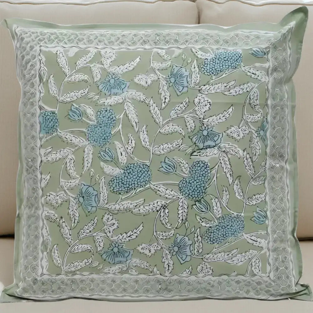 Light green sage pillows showcase hand block printed floral cushion cover with decorative border
