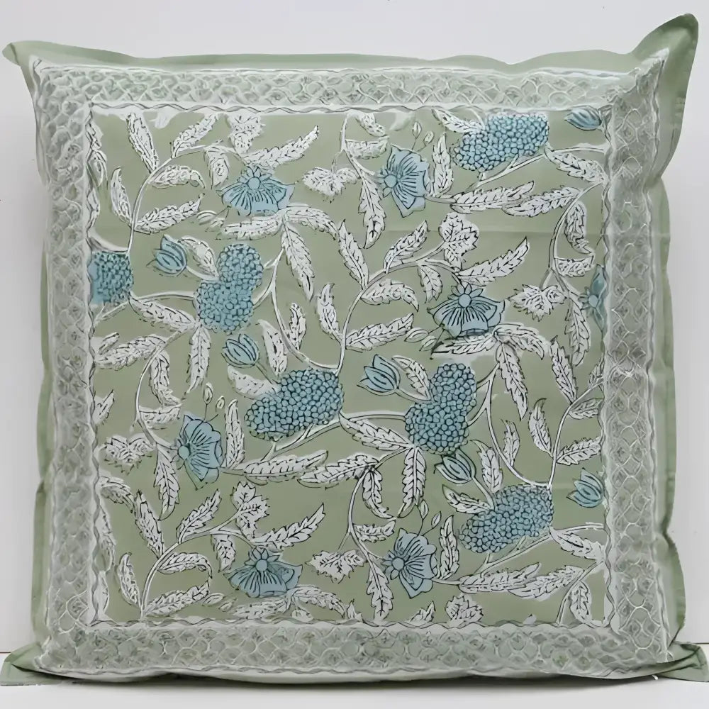 Sage Green Floral Cotton Cushion Cover with Insert, hand block printed sage pillows showcase blue flowers