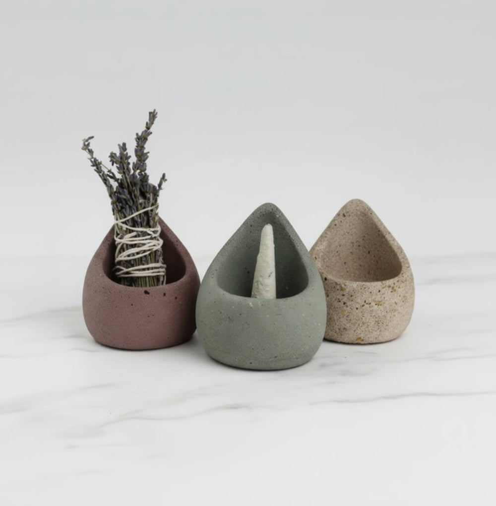 Handmade eco-friendly sage holder with rustic concrete planters, dried lavender, and keep calm & chill labels