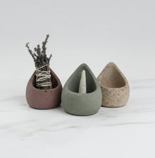 Handmade eco-friendly sage holder with rustic concrete planters, dried lavender, and keep calm & chill labels