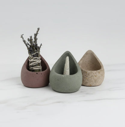 Handmade eco-friendly sage holder with rustic concrete planters, dried lavender, and keep calm & chill labels