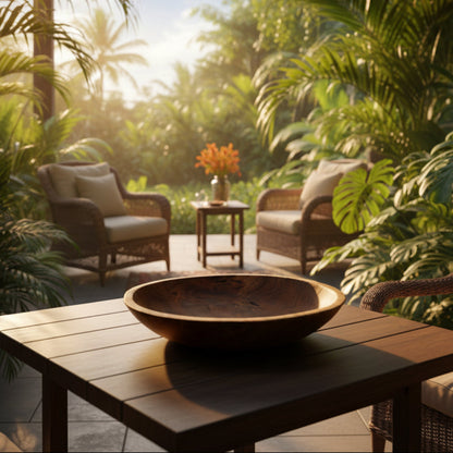Wooden bowl on a table in a lush tropical setting