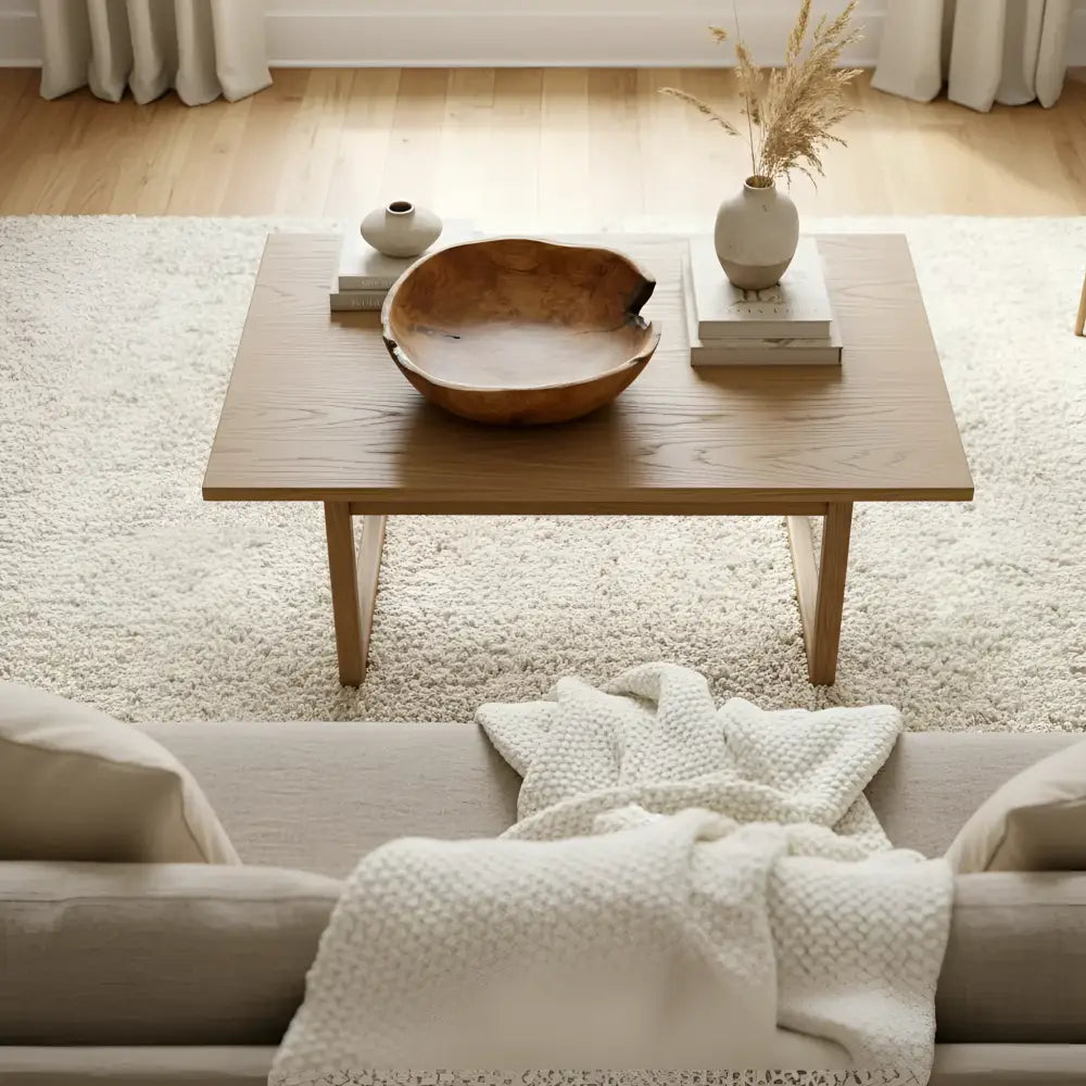 Large live edge hand carved wooden bowl made from salvaged teak roots with warm amber finish on coffee table