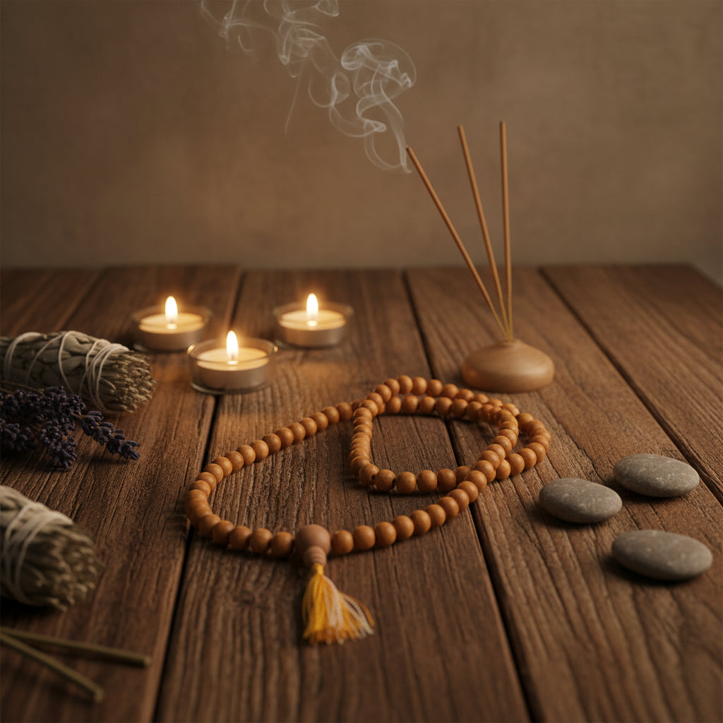 A warm natural-toned sandalwood mala necklace with an 8 mm bead and a matching cotton tassel sustainably sourced