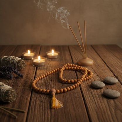 A warm natural-toned sandalwood mala necklace with an 8 mm bead and a matching cotton tassel sustainably sourced