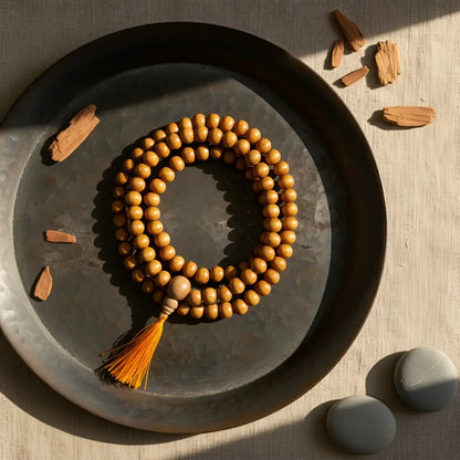 Sandalwood mala with 8 mm warm golden brown beads and a matching cotton tassel made from sustainably sourced sandalwood