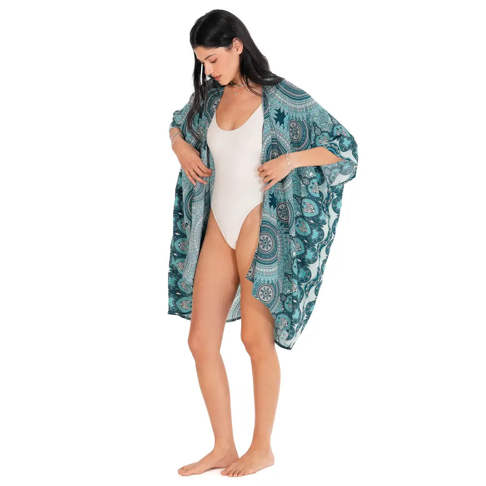 Sayulita mandala kimono flowing teal and white paisley handmade eco-friendly beach cover-up with wide sleeves