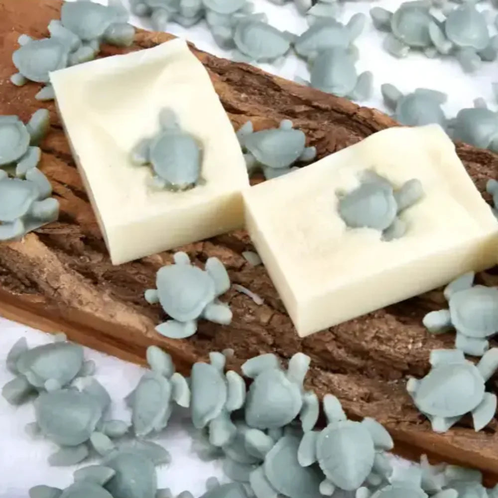 Handmade sea turtle French lavender bar soaps with turtle embeds and generously sized bars