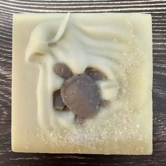 Light-colored Sea Turtle French Lavender Bar Soap with recessed turtle design