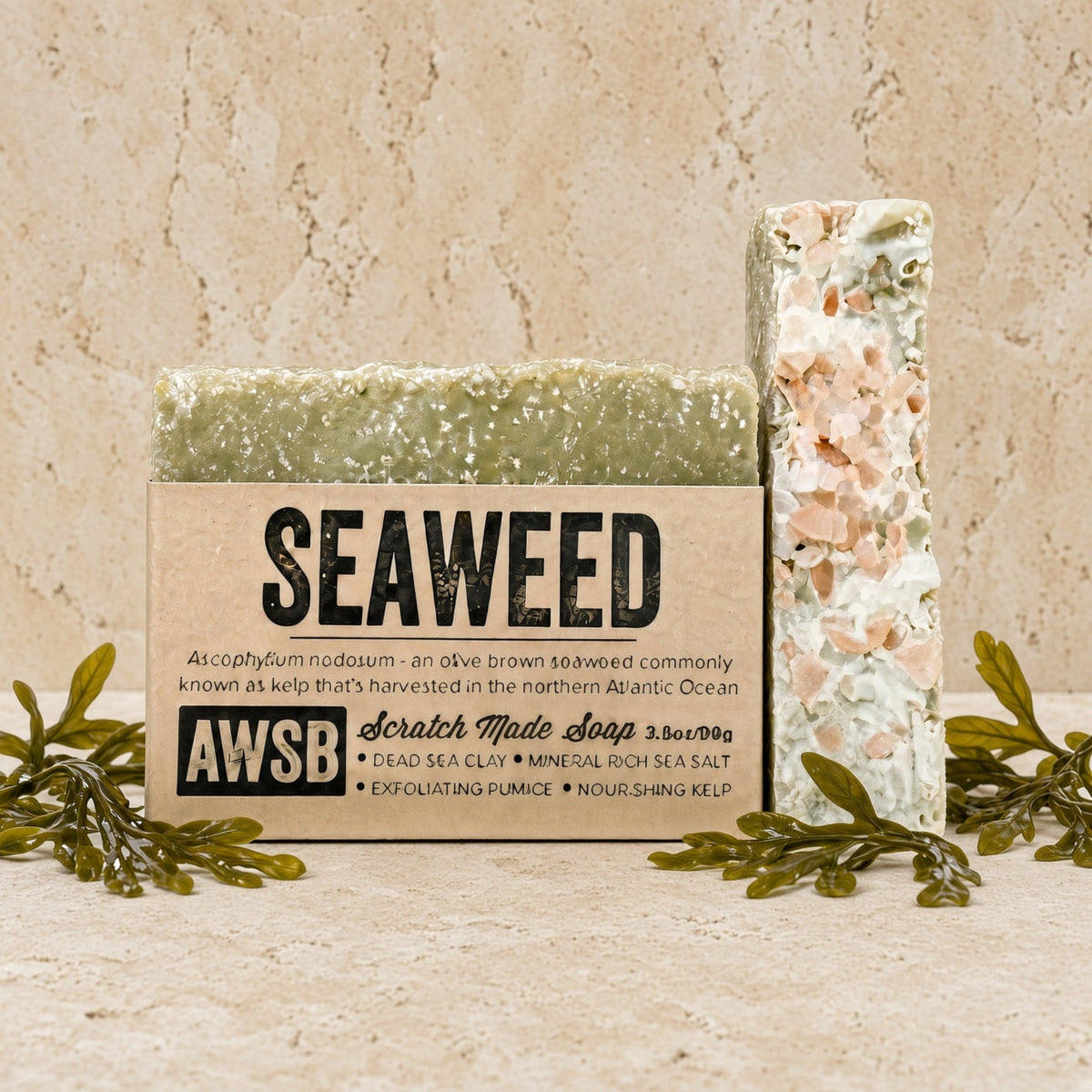 Olive green seaweed bar soap with pink salt crystals features a citrus earthy blend for exfoliating and nourishing skin