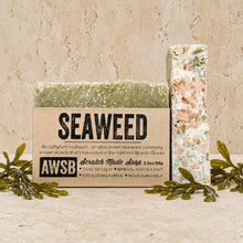 Olive green seaweed bar soap with pink salt crystals features a citrus earthy blend for exfoliating and nourishing skin
