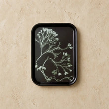 Black rectangular handcrafted small serving tray with white seaweed branch art on eco-friendly birch wood