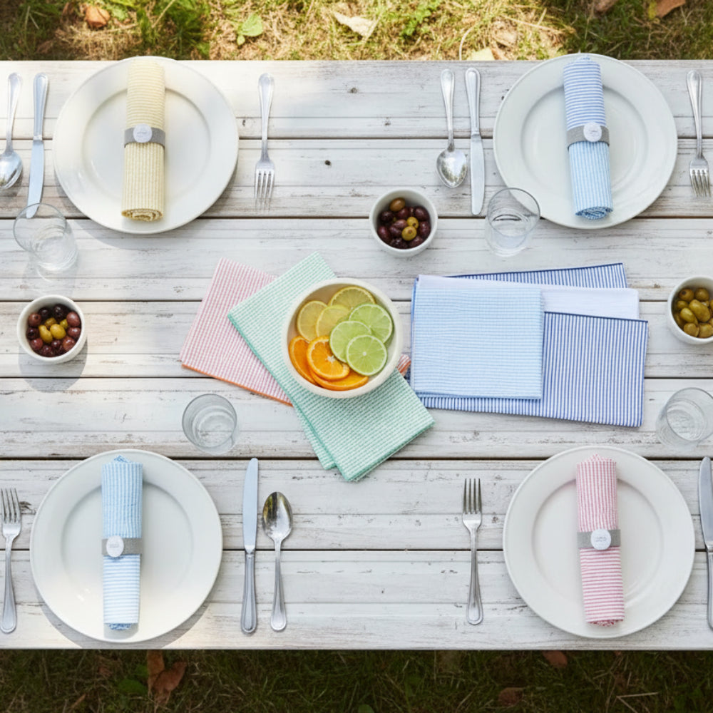 Handcrafted seersucker cloth napkins set of eight in pastel stripes