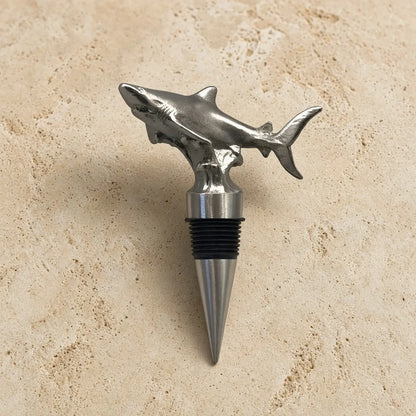Silver handcrafted pewter shark bottle stopper with metallic finish and black rubber seal adds quirky touch to wine accessory