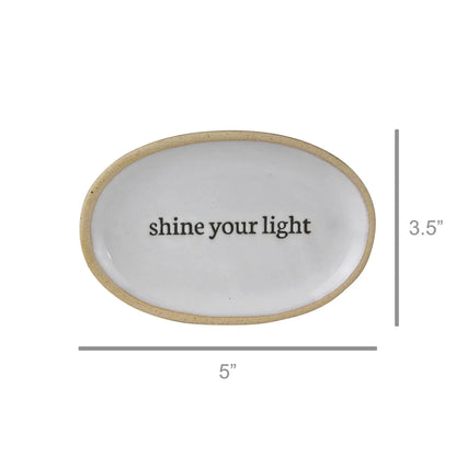 Handcrafted Shine Your Light affirmation tray, white ceramic oval dish
