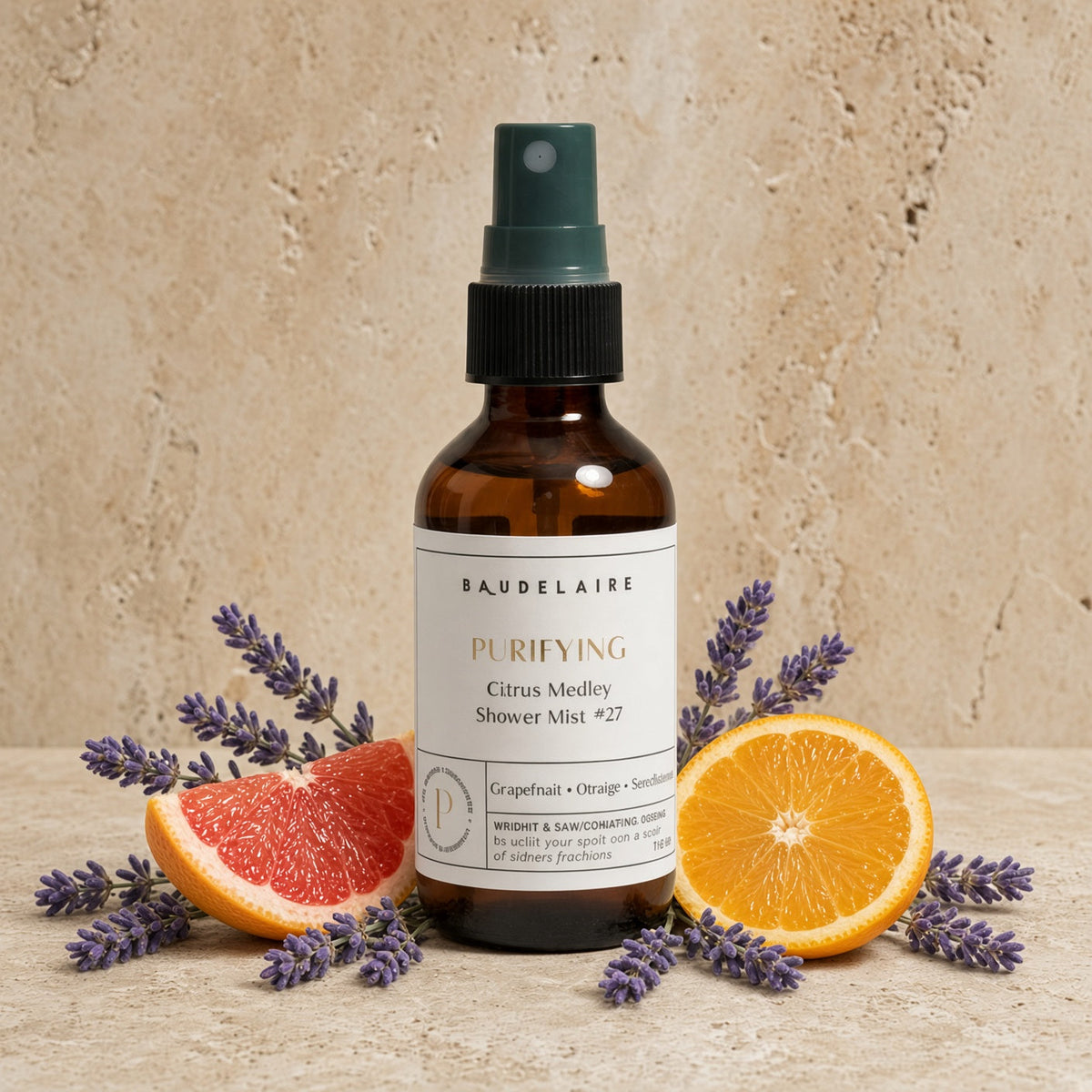 Brown glass shower spray mist with dark green nozzle labeled baudelaire purifying vibrant citrus medley 2oz surrounded by citrus slices and lavender