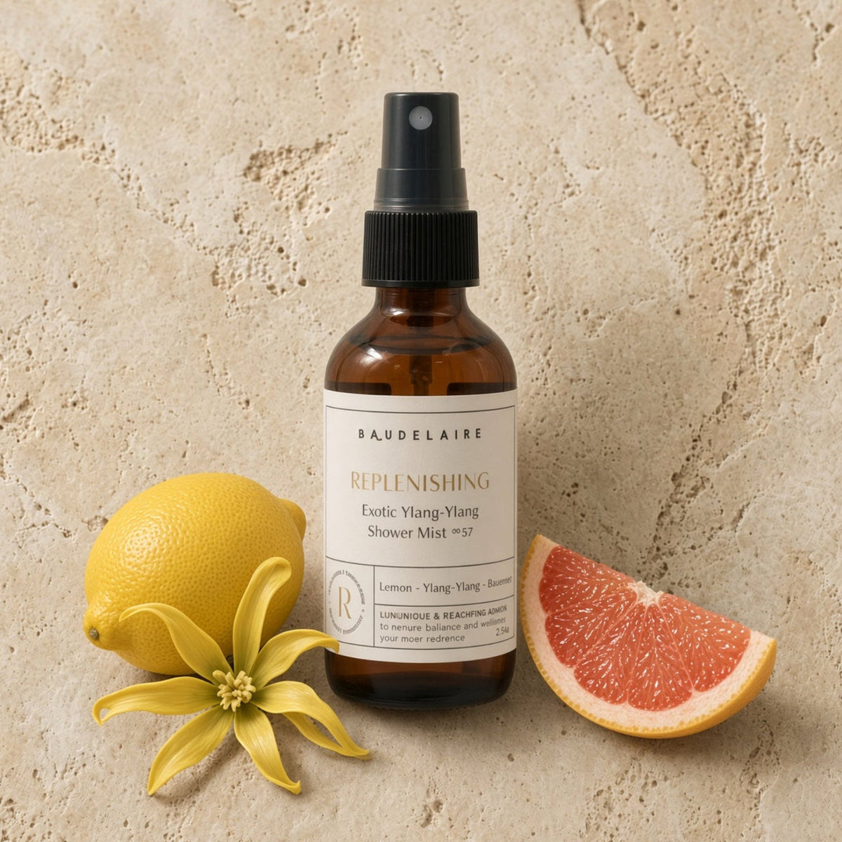 A sleek amber glass shower spray mist with exotic ylang-ylang scent beside citrus fruits and a yellow flower